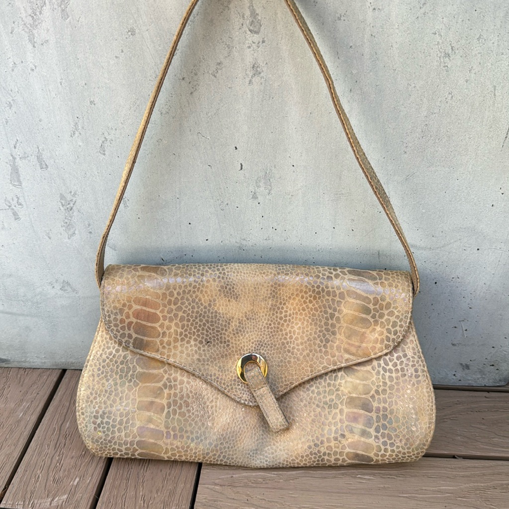 Stuart Weitzman Beige Snake Skin Embossed Small Flap Bag